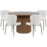 Auden 5 Piece Dining Set in Chestnut Brown Wood, Gray Fabric & Brass